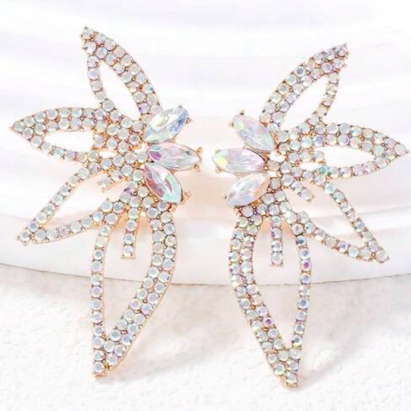 Abstract Wings Art Deco Earrings AB Rhinestone CZ Crystal Big Flower  Floral New - Picture 2 of 7